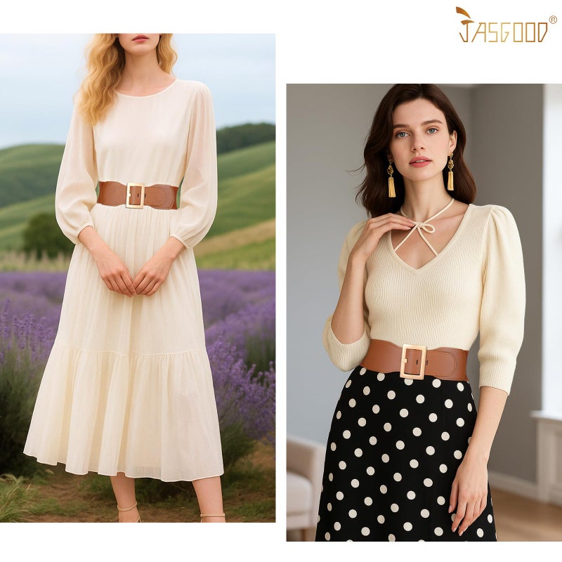 JASGOOD Women Wide Elastic Belt Stretchy Vintage Waist Belts for Dress Santa Belt with Square Buckle - Image 2
